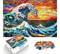 Rompecabezas para Adultos 1000 Piezas Vidriera de la Ola de Hokusai Juego de ingenio Decoración de Pared cumpleaños y Navidad 75x50cm