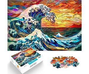 Rompecabezas para Adultos 1000 Piezas Vidriera de la Ola de Hokusai Juego de ingenio Decoración de Pared cumpleaños y Navidad 75x50cm