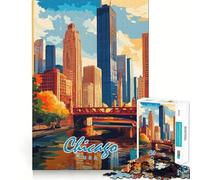 Rompecabezas para Adultos 1000 Póster del Horizonte de Chicago Corte Premium Juego Creativo Juguete Diversión Ociosa Arte Navideño Exhibición (38x52cm)