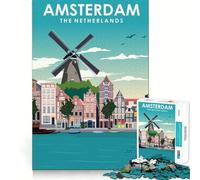 Rompecabezas para Adultos 1000 Rompecabezas Ámsterdam Molino de Viento Viaje Borde Limpio Juego de lógica Rompecabezas Juego Lento Divertido Escena navideña Arte (38x52cm)