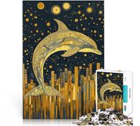 Rompecabezas para Adultos 1000 Rompecabezas Arte del delfín Dorado Madera,para Mayores de 14 años Juego de Preguntas Regalo de Obra de Arte。tamaño:50x75cm/19.68x29.52pulgada