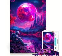 Rompecabezas para Adultos 1000 Rompecabezas Astronauta bajo la Luna Rosa Juego de lógica de Bordes limpios Juego Lento Divertido Escena navideña Arte (38x26cm)