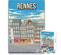 Rompecabezas para Adultos 1000 Rompecabezas Rennes Francia Póster de Viaje Vintage Bretaña Casas con Entramado de Madera Juegos educativos Vacaciones en casa Matar el Tiempo Regalos de cumpleaños