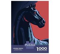 Rompecabezas para Adultos 1000 Rompecabezas Stylized Black Horse Portrait on Red Rompecabezas para Adultos Juego Familiar Decoración De Pared Oferta como Regalos para Toda La Familia 38x26cm/1000pcs