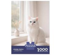 Rompecabezas Para Adultos 1000 Rompecabezas White Cat with Blue Eyes by The Window Rompecabezas Para Adultos Juguete Decoración De Pared Aliviador De Estrés Regalos Y Cumpleaños Únicos 38x26cm/1000pcs