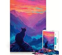 Rompecabezas para Adultos 1000 Silueta de Gato Vista de montaña Arte de Borde Exacto Juguete de construcción Enfoque Juego Tiempo Acogedor Arte de Pared navideño (50x75cm)