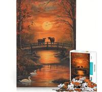 Rompecabezas para Adultos: 1000 Vacas en un Puente al Atardecer otoñal, Juego de ingenio, interacción Entre Padres e Hijos, fortalece el Amor Entre Parejas 50x75cm