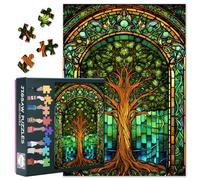 Rompecabezas para adultos, 1000 vidrieras, árbol de la vida, rompecabezas difíciles y desafiantes para adultos, arte verde de fantasía, juego educativo familiar y regalo único de decoración de sala de