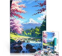 Rompecabezas para Adultos 2000 Piezas Flor Cerezo Arte japonés montaña Fuji Paisaje primaveral Bosque Verde árboles Lago y Rocas Estilo Anime Escena Colorida y Linda Nubes Blancas y Cielo. 70x100cm