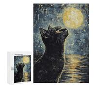 Rompecabezas para Adultos 300 PCS Black Cat Gazing at Moon Rompecabezas para Adultos Juego De Ingenio Desafío Difícil 300 PCS