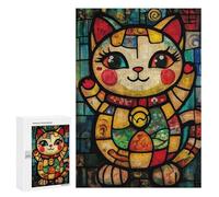 Rompecabezas para Adultos 300 PCS Colorful Stained Glass Cat Art-1 Rompecabezas para Adolescentes Corte De Precisión Difícil Y Desafiante Regalos De Cumpleaños Y Únicos 300 PCS