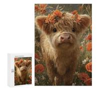Rompecabezas para Adultos 300 PCS Cute Highland Cow in Flowers Rompecabezas para Adolescentes Desafío Educativo para Aliviar El Estrés Cumpleaños 300 PCS