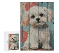 Rompecabezas para Adultos 300 PCS Cute Maltese Dog Portrait on Wood Panel Maltese Dog Art Rompecabezas para Adultos Juegos Relajantes Mejora La Memoria Difícil Y Desafiante 300 PCS