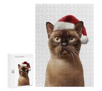 Rompecabezas para Adultos 300 PCS Festive Burmese Cat in Santa Hat Rompecabezas para Adolescentes Juego De Ingenio Análisis Y Lógica 300 PCS