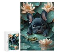 Rompecabezas para Adultos 300 PCS French Bulldog in Water Lilies Animal Rompecabezas para Adultos Juego De Ingenio Desafío Difícil 300 PCS