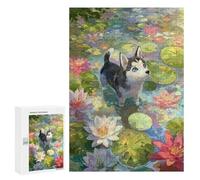 Rompecabezas para Adultos 300 PCS Husky Puppy in Lily Pond Painting Rompecabezas para Adultos Juego De Ingenio Desafío Difícil 300 PCS