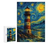 Rompecabezas para Adultos 300 PCS Lighthouse Under Starry Night Sky Painting Juego De Rompecabezas para Ejercitar La Mente Corte De Precisión Interacción Entre Padres E Hijos 300 PCS