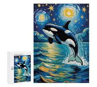 Rompecabezas para Adultos 300 PCS Moonlit Ocean An Orca’s Leap Under The Starry Sky Van Gogh Style Art Rompecabezas para Adolescentes Desafío Educativo para Aliviar El Estrés Cump
