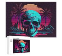 Rompecabezas para Adultos 300 PCS Neon Skull Sunset Palm Trees Rompecabezas para Adultos Juguete Decoración De Pared Regalos para Mujeres Gran Regalo para Juegos 300 PCS