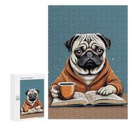 Rompecabezas para Adultos 300 PCS Pug Drink Coffee Read Book Rompecabezas para Adultos Juegos Familiares Alivia El Estrés Regalo De Cumpleaños, Regalos, 300 PCS