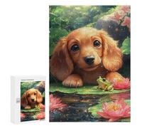 Rompecabezas para Adultos 300 PCS Puppy and Frog in Lily Pond Rompecabezas para Adultos Juego Práctico Mejora La Memoria Regalos para Amigos Y Familiares 300 PCS