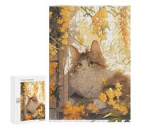 Rompecabezas para Adultos 300 PCS Rompecabezas Golden Flowers and Curious Cat Rompecabezas para Adultos Juego De Ingenio Análisis Y Lógica Regalos De Cumpleaños Y Únicos 300 PCS