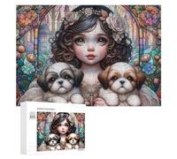 Rompecabezas para Adultos 300 PCS Stained Glass Girl with Puppies Rompecabezas para Adultos Juguete Decoración De Pared Regalos para Mujeres Gran Regalo para Juegos 300 PCS