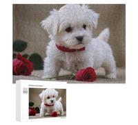 Rompecabezas para adultos, 300 piezas, adorable cachorro blanco con rosa roja para adolescentes, rompecabezas para adolescentes, decoración del hogar, cumpleaños único y regalos, 300 piezas