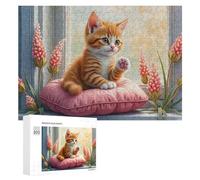 Rompecabezas para adultos, 300 piezas, adorable gatito en almohada con flores para adolescentes, rompecabezas para adolescentes, decoración del hogar, cumpleaños único y regalos, 300 piezas