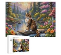 Rompecabezas para adultos, 300 piezas, Nature's Serenity Cat by The Stream, rompecabezas para adultos, juego de acertijo difícil, desafío para es ideal como regalo, 300 piezas