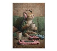 Rompecabezas para Adultos 38x26cm/1000pcsS Relaxed Cat with Coffee and Gaming Setup Rompecabezas Juego De Ingenio Regalos para Mujeres Cumpleaños Y Navidad 38x26cm/1000pcsS