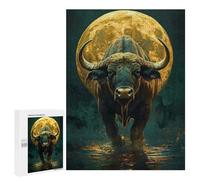 Rompecabezas para Adultos 500 PCS Bull Buffalo Africa Under Full Moon Juego De Rompecabezas para Ejercitar La Mente Corte De Precisión Interacción Entre Padres E Hijos 500 PCS