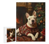 Rompecabezas para Adultos 500 PCS Bull Terrier in Sweater Dog by Fireplace Rompecabezas para Adultos Juegos Relajantes Mejora La Memoria Cumpleaños Y Navidad 500 PCS