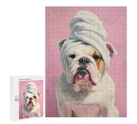 Rompecabezas para Adultos 500 PCS Bulldog with Towel on Head Rompecabezas para Adultos Desafío Difícil Lista De Deseos con Papá Noel Regalos Y Cumpleaños Únicos 500 PCS