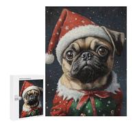 Rompecabezas para Adultos 500 PCS Christmas Pug in Santa Hat Rompecabezas para Adultos Desafío Difícil Ayuda A Ejercitar El Cerebro Juego De Desafío Único 500 PCS