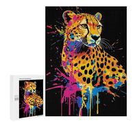Rompecabezas para Adultos 500 PCS Colorful Cheetah Portrait on Black Background Rompecabezas para Adultos Juegos Familiares Corte De Precisión Cumpleaños Y Navidad 500 PCS
