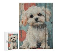 Rompecabezas para Adultos 500 PCS Cute Maltese Dog Portrait on Wood Panel Maltese Dog Art Rompecabezas para Adultos Juego Práctico Mejora La Memoria Regalos para Amigos Y Familiares 500 PCS