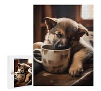 Rompecabezas para Adultos 500 PCS German Shepherd Coffee Pup Rompecabezas para Adultos Juegos Familiares Decoración del Hogar Regalos para Amigos Y Familiares 500 PCS