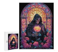 Rompecabezas para Adultos 500 PCS Gothic Reaper with Rose Stained Glass Artwork Rompecabezas para Adolescentes Desafío Educativo para Aliviar El Estrés Cumpleaños 500 PCS