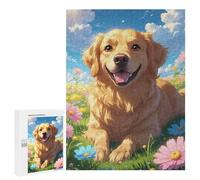 Rompecabezas Para Adultos 500 PCS Happy Golden Retriever Dog in Sunny Flower Meadow - Cute Anime Style Cartoon Dog Portrait Art Juego De Rompecabezas Para Ejercitar La Mente Corte De Precisión Interac