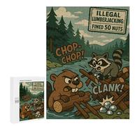 Rompecabezas para Adultos 500 PCS Illegal Lumberjacking Cartoon with Beaver and Raccoon Rompecabezas para Adultos Juego Práctico Mejora La Memoria Regalos para Amigos Y Familiares 500 PCS