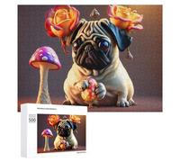 Rompecabezas para Adultos 500 PCS Magical Pug with Flowers and Mushrooms Rompecabezas para Adultos Juguete Decoración De Pared Regalos para Mujeres Gran Regalo para Juegos 500 PCS