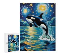 Rompecabezas para Adultos 500 PCS Moonlit Ocean An Orca’s Leap Under The Starry Sky Van Gogh Style Art Rompecabezas para Adolescentes Desafío Educativo para Aliviar El Estrés Cump