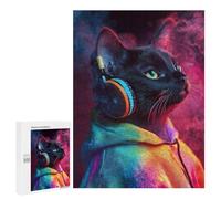 Rompecabezas para Adultos 500 PCS Neon Cat with Headphones Rompecabezas para Adultos Actividades Familiares Entrena Tu Cerebro Y Tus Manos Juego De Desafío Único 500 PCS