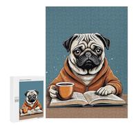 Rompecabezas para Adultos 500 PCS Pug Drink Coffee Read Book Rompecabezas para Adultos Juegos Familiares Alivia El Estrés Regalo De Cumpleaños, Regalos, 500 PCS