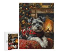 Rompecabezas para Adultos 500 PCS Schnauzer in Christmas Sweater by Fireplace Cozy Christmas Dog Art Rompecabezas para Adolescentes Juego De Ingenio Análisis Y Lógica 500 PCS