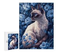 Rompecabezas para Adultos 500 PCS Siamese Cat in Blue Flowers Rompecabezas para Adultos Juegos Relajantes Difícil Regalos para Amigos Y Familiares 500 PCS