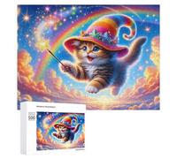 Rompecabezas para adultos, 500 piezas, gatito mágico con sombrero de arco iris, rompecabezas para adolescentes, juego de acertijo cerebral, decoración del hogar, cumpleaños único y regalos, 500 piezas