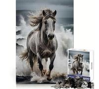 Rompecabezas para Adultos Caballo Blanco galopando Entre Las Olas del océano, 1000 Piezas, Ejercicio Mental, Ocio Consciente, Cierre Seguro, (50x75cm)