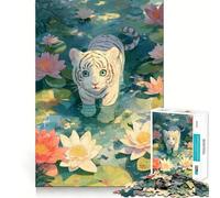 Rompecabezas para Adultos Cachorro de Tigre Blanco en Estanque de nenúfares 1000 Piezas Juego de Memoria Corte láser para un Ajuste Perfecto aliviar el estrés (50x75cm)